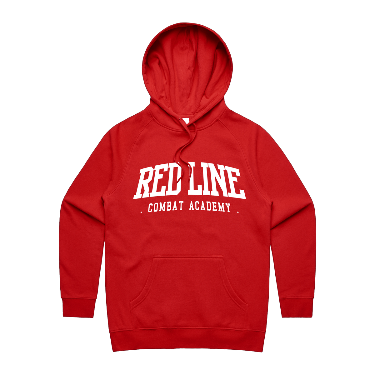 Red Line Combat Academy women's red hoodie with white logo on front, made of soft fabric, casual athletic style.