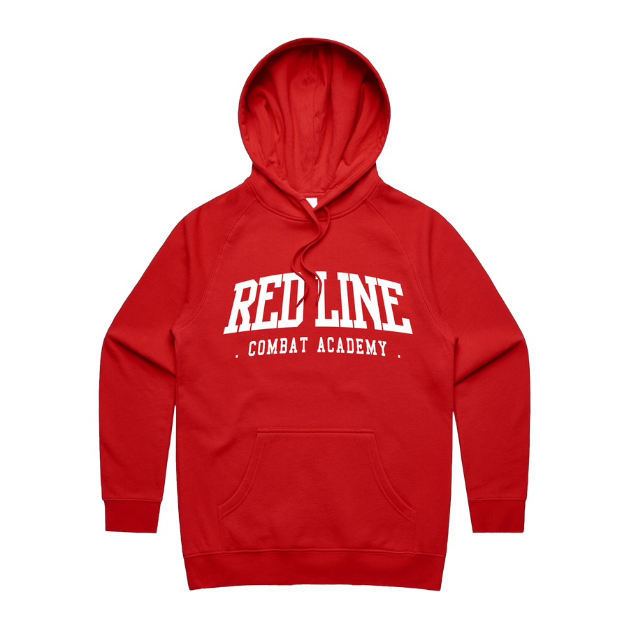 Red Line Combat Academy women's red hoodie with white logo on front, made of soft fabric, casual athletic style.