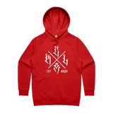 Red Line Combat Academy women's red hoodie with white logo front, casual fit, comfortable and stylish for everyday wear.