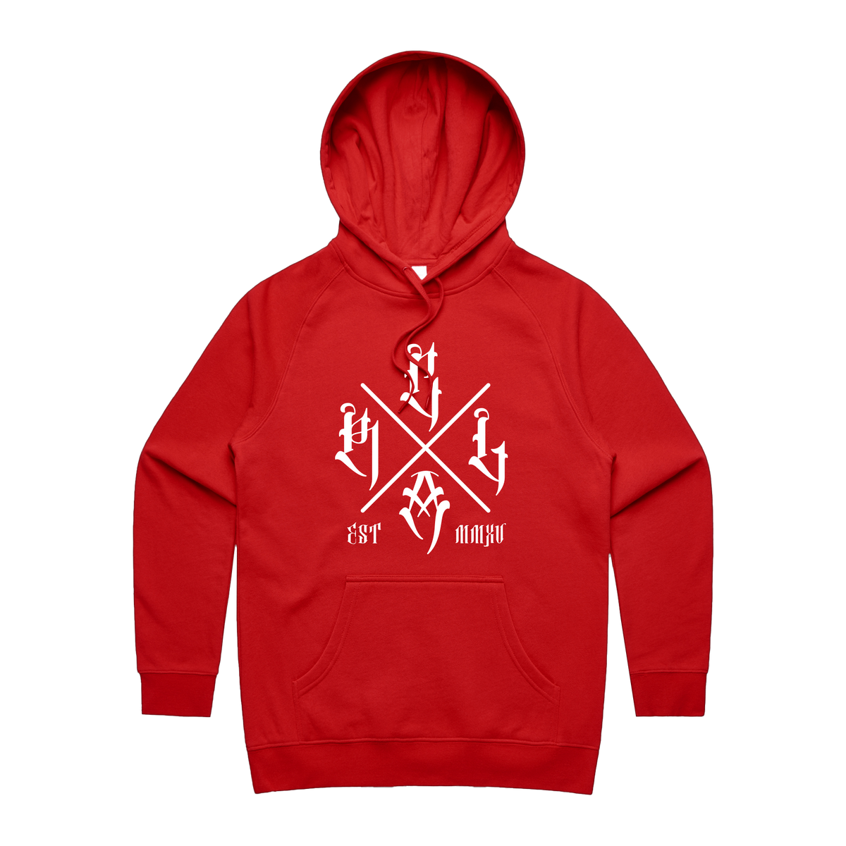 Red Line Combat Academy women's red hoodie with white logo front, casual fit, comfortable and stylish for everyday wear.