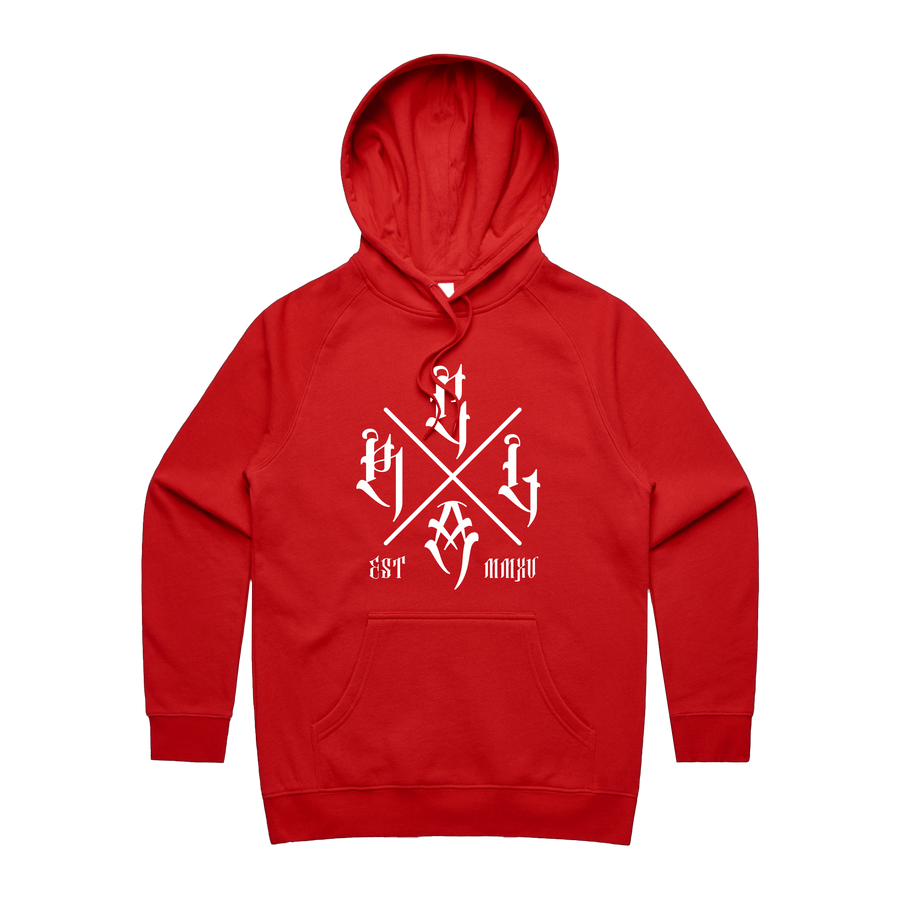 Red Line Combat Academy women's red hoodie with white logo front, casual fit, comfortable and stylish for everyday wear.