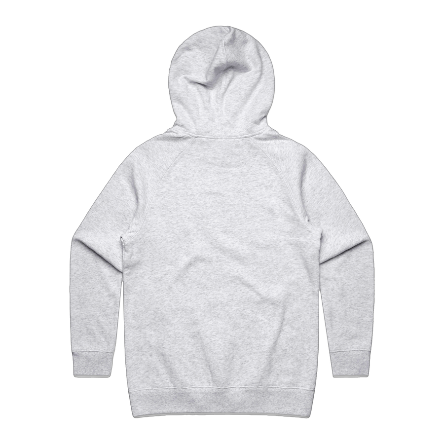 Women's white hoodie by Red Line Combat Academy with red logo on back, casual athletic hoodie for women.