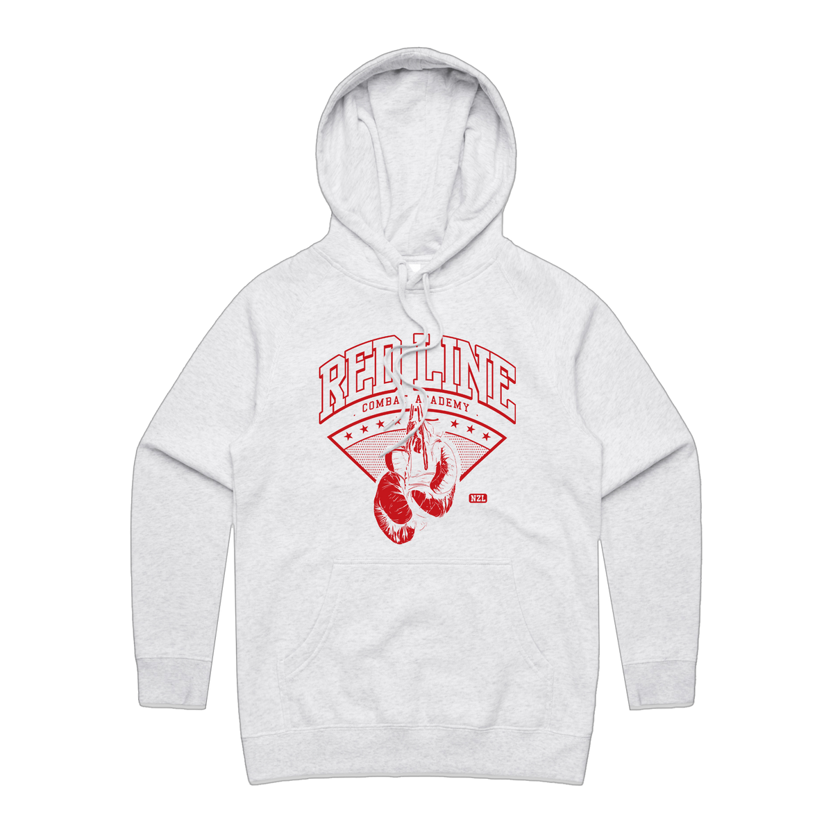 Women's white hoodie by Red Line Combat Academy with red logo front view, casual fit and soft fabric for comfortable wear.
