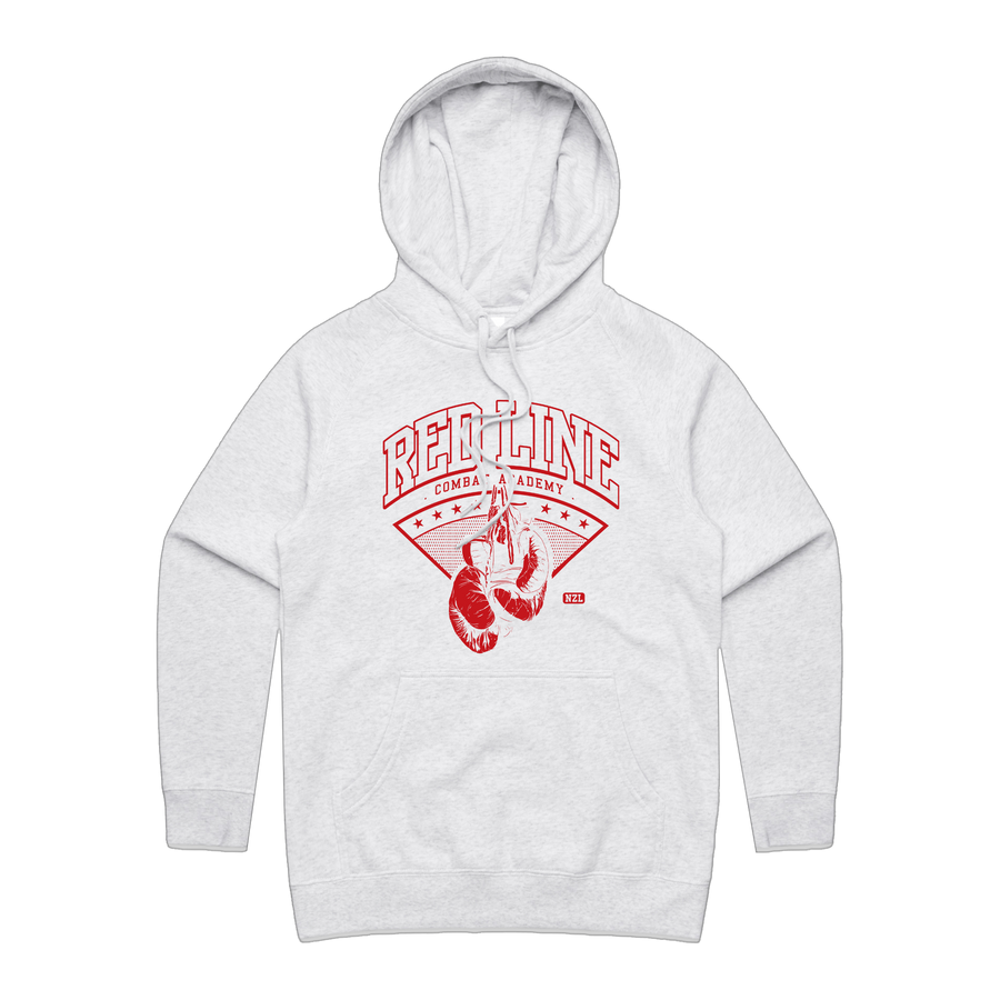 Women's white hoodie by Red Line Combat Academy with red logo front view, casual fit and soft fabric for comfortable wear.