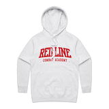 Red Line Combat Academy women's white hoodie with a red logo on the front, casual and comfortable for everyday wear.