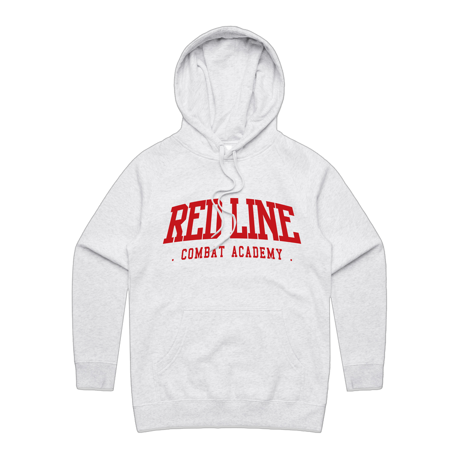 Red Line Combat Academy women's white hoodie with a red logo on the front, casual and comfortable for everyday wear.