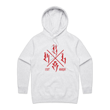 Women's white hoodie by Red Line Combat Academy with red logo, front view, casual fit, soft fabric, and comfortable design.