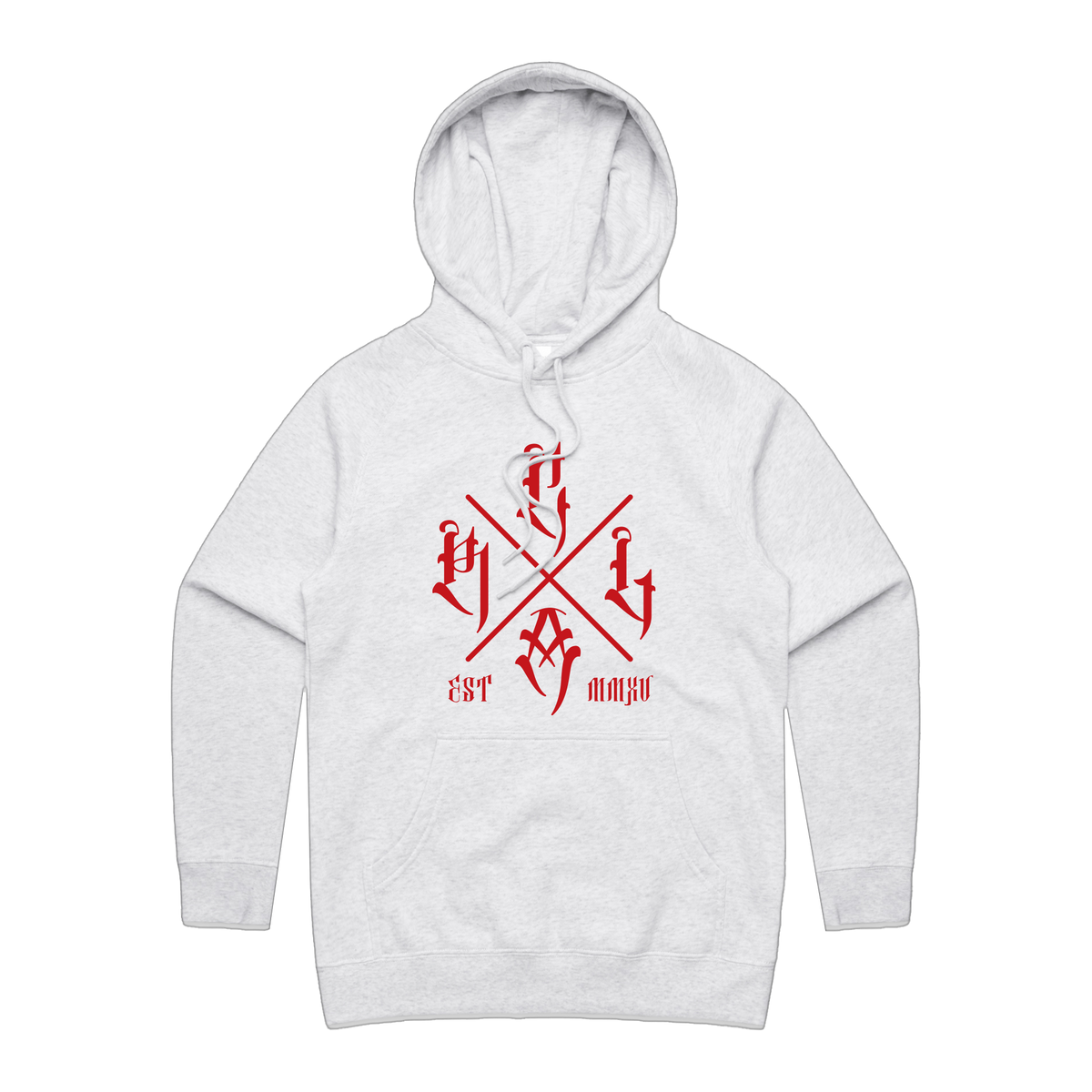 Women's white hoodie by Red Line Combat Academy with red logo, front view, casual fit, soft fabric, and comfortable design.