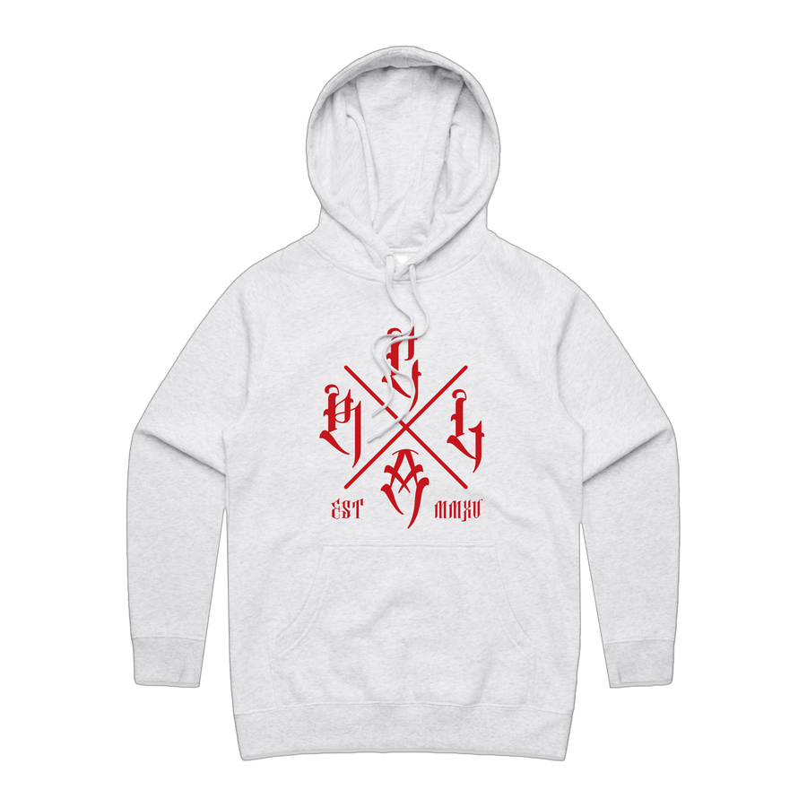 Women's white hoodie by Red Line Combat Academy with red logo, front view, casual fit, soft fabric, and comfortable design.