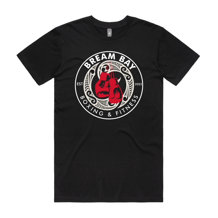 Black unisex T-shirt by Bream Bay Boxing with Bream logo on front, casual crew neck design, shown on a plain background.