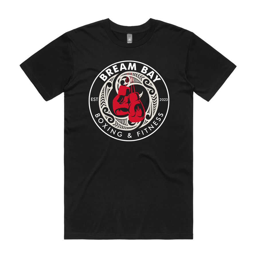 Black unisex T-shirt by Bream Bay Boxing with Bream logo on front, casual crew neck design, shown on a plain background.