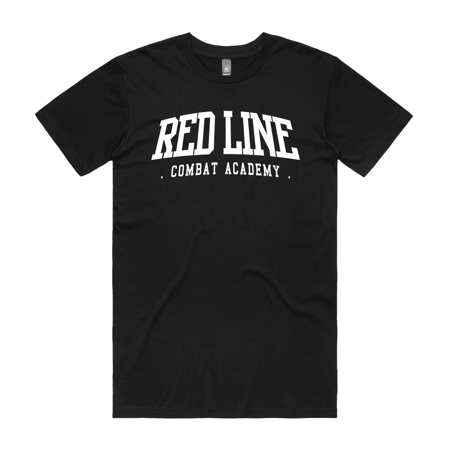Black men's T-shirt from Red Line Combat Academy with white ringside logo, casual fit, and comfortable cotton fabric.