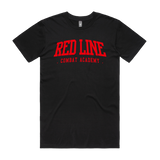 Black men's T-shirt from Red Line Combat Academy with red ringside graphic, casual fit, and comfortable fabric.