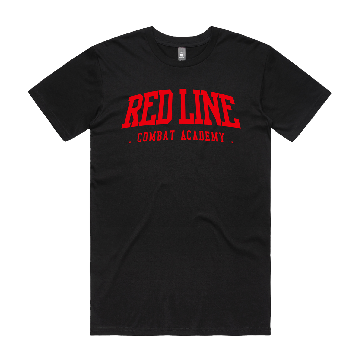 Black men's T-shirt from Red Line Combat Academy with red ringside graphic, casual fit, and comfortable fabric.