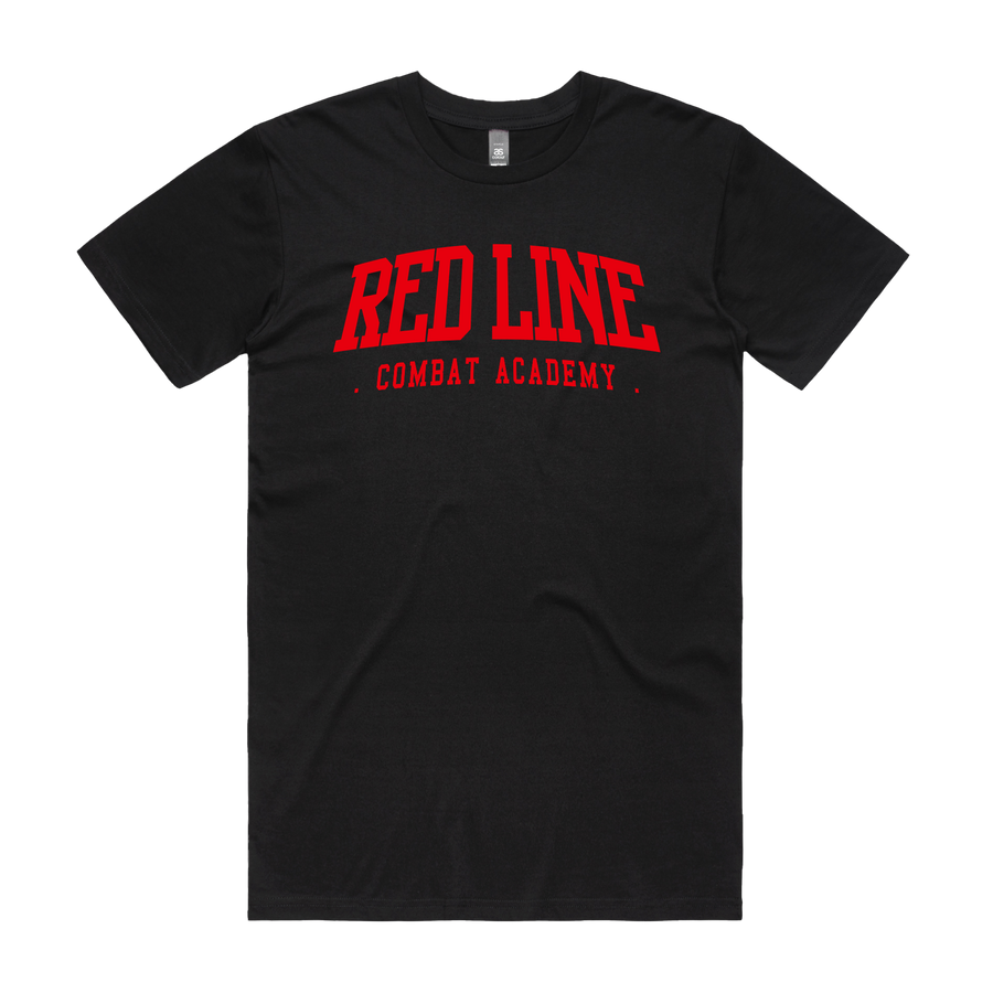 Black men's T-shirt from Red Line Combat Academy with red ringside graphic, casual fit, and comfortable fabric.