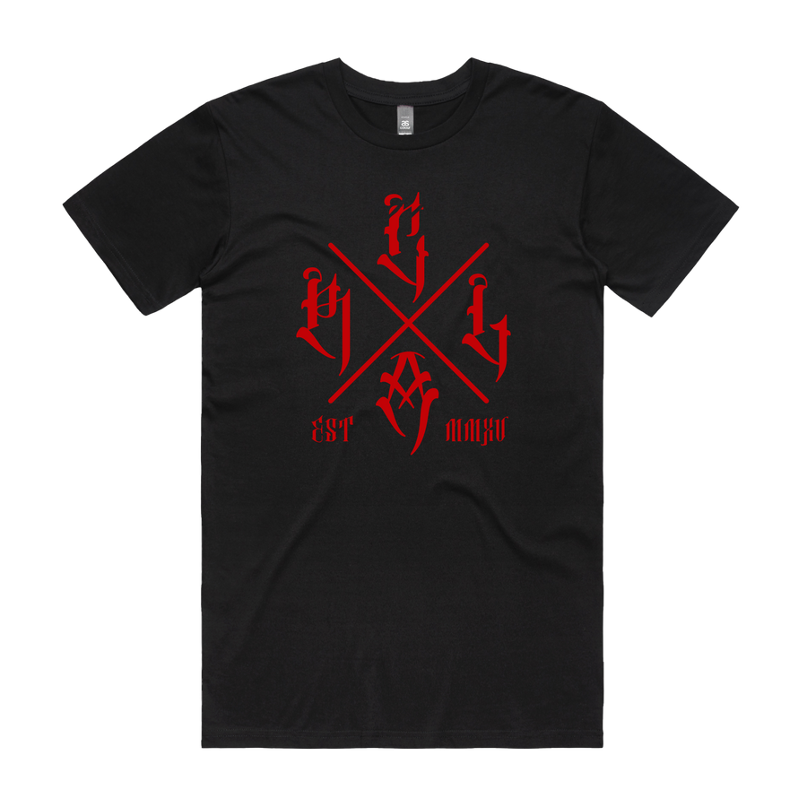 Men's black T-shirt from Red Line Combat Academy featuring a red cross design on the front.