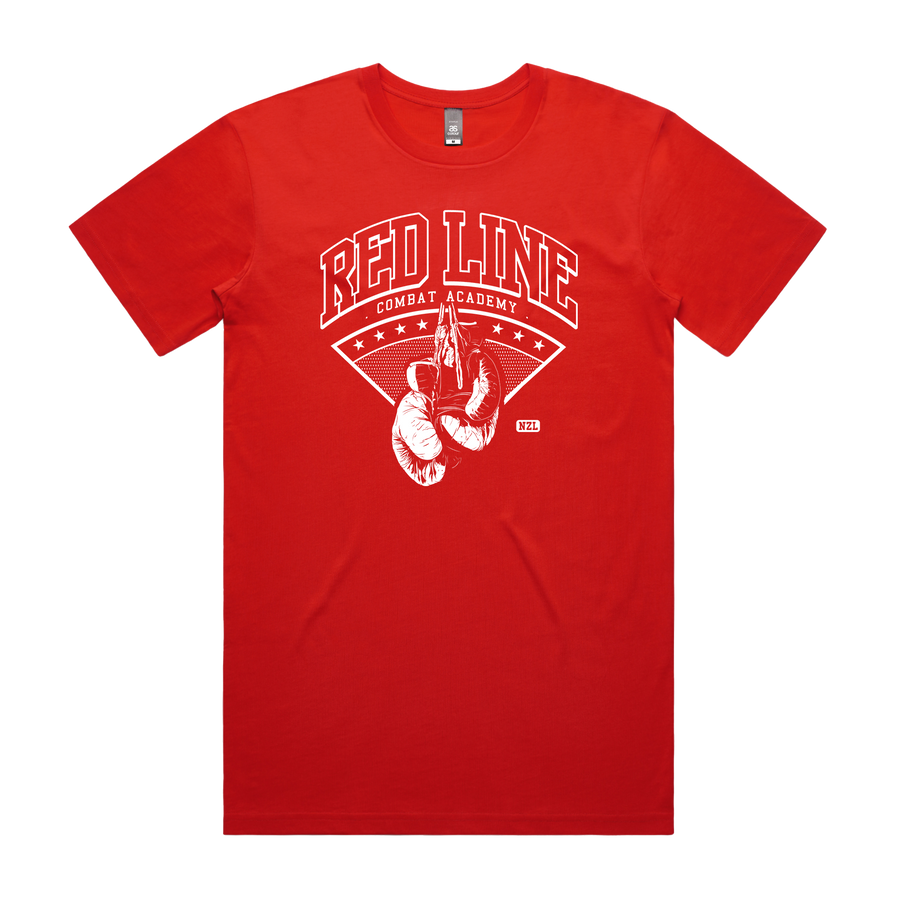 Red Line Combat Academy men's fire-themed T-shirt featuring bold fire graphic on front, casual fit, and classic crew neck style.
