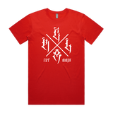 Men's white fire-themed T-shirt by Red Line Combat Academy featuring the Cross design front view.