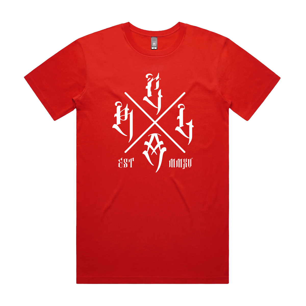 Men's white fire-themed T-shirt by Red Line Combat Academy featuring the Cross design front view.