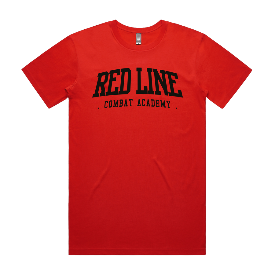 Red Line Combat Academy men's black fire-themed T-shirt with front graphic design, casual fit, and bold style.
