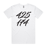 Men's white T-shirt by CODEWELL with stacked 425 logo design, casual fit, plain crew neck, and short sleeves.