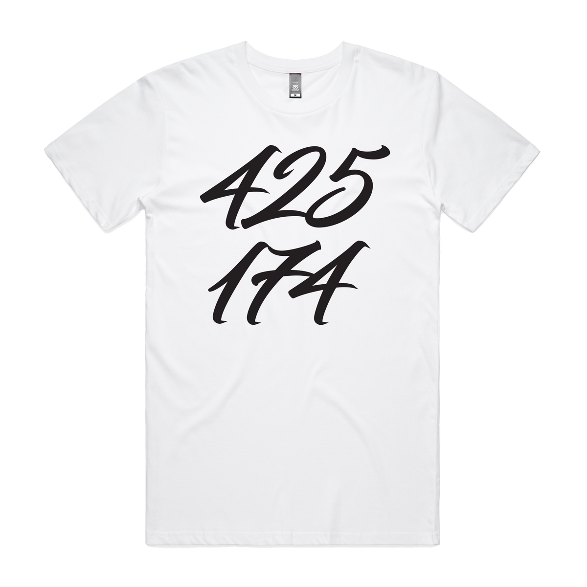Men's white T-shirt by CODEWELL with stacked 425 logo design, casual fit, plain crew neck, and short sleeves.