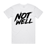 Men's white CODEWELL NOT WELL T-shirt with stacked 425 logo graphic on the back, casual fit, front view.