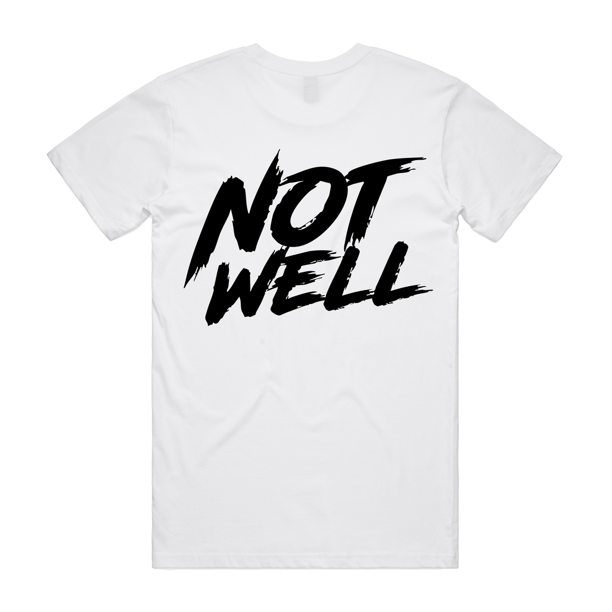 Men's white CODEWELL NOT WELL T-shirt with stacked 425 logo graphic on the back, casual fit, front view.