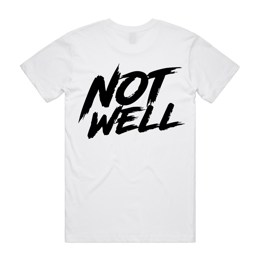 Men's white CODEWELL NOT WELL T-shirt with stacked 425 logo graphic on the back, casual fit, front view.