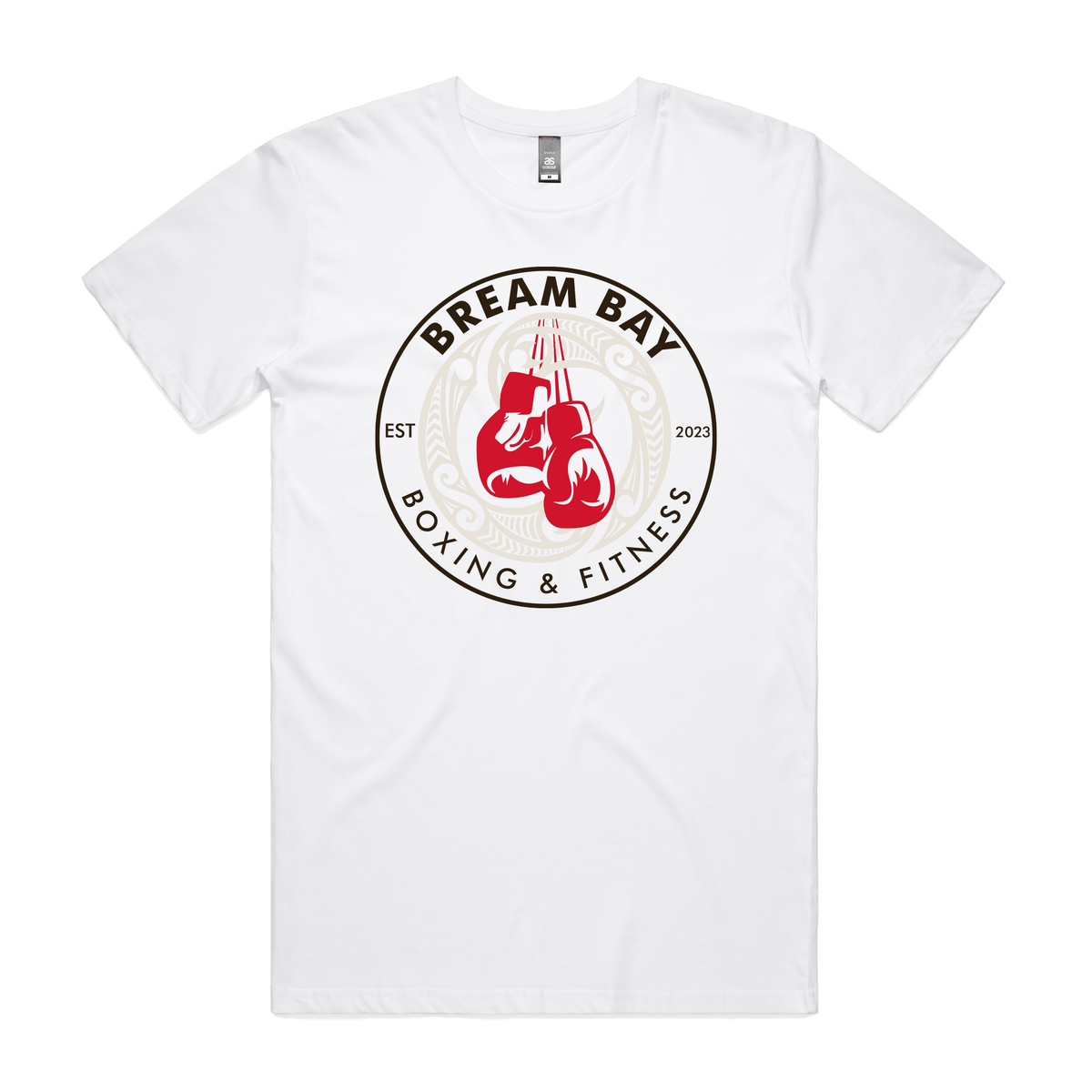 White unisex T-shirt by Bream Bay Boxing featuring a simple front logo design.
