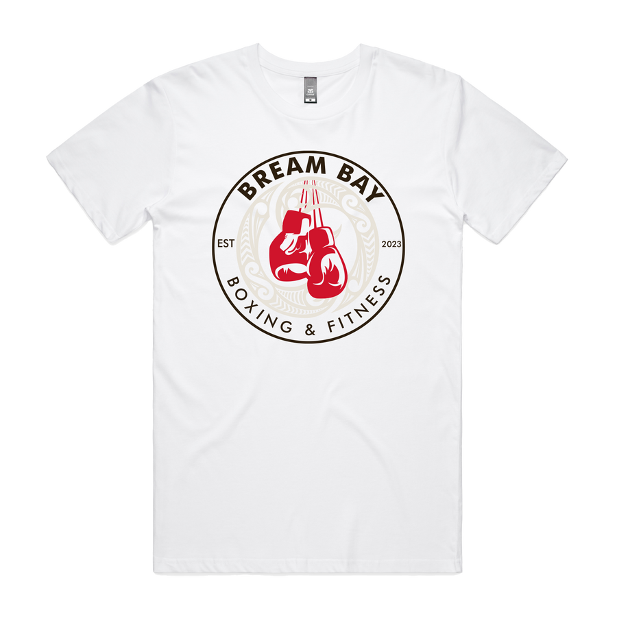White unisex T-shirt by Bream Bay Boxing featuring a simple front logo design.