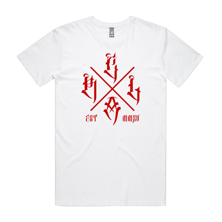 Men's white T-shirt from Red Line Combat Academy with a red cross logo on the front.