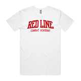 Men's white T-shirt from Red Line Combat Academy with RLCA logo on front, styled for casual or athletic wear.