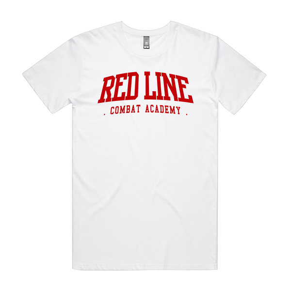Men's white T-shirt from Red Line Combat Academy with RLCA logo on front, styled for casual or athletic wear.