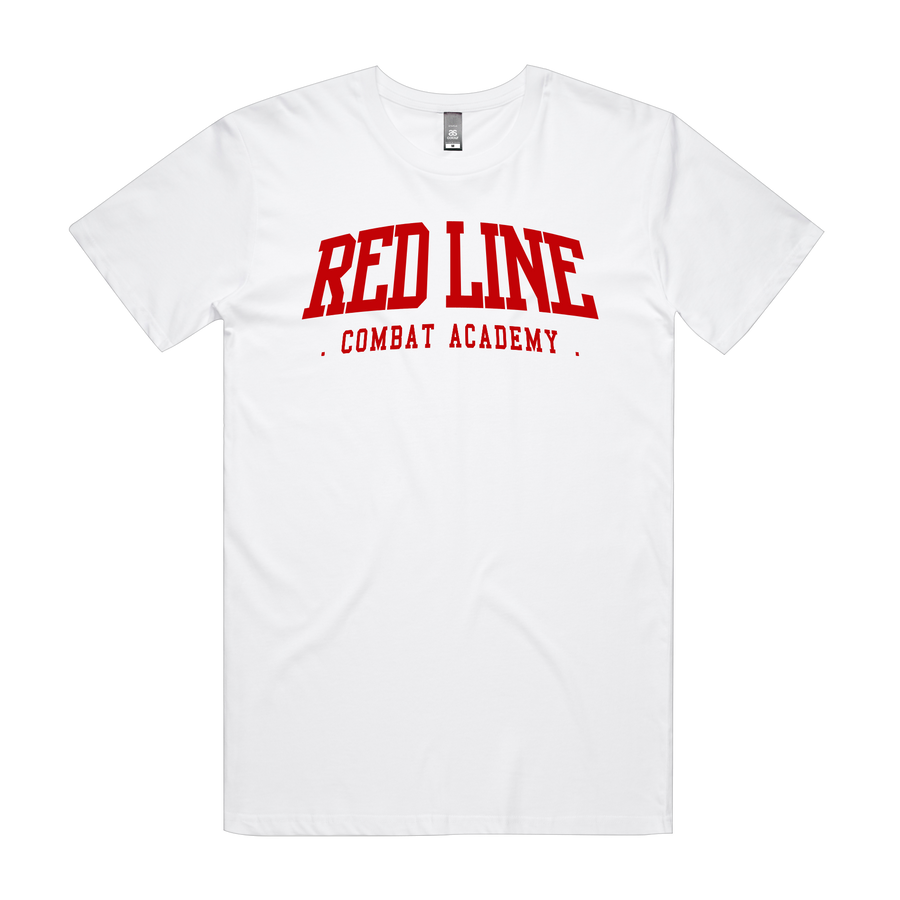 Men's white T-shirt from Red Line Combat Academy with RLCA logo on front, styled for casual or athletic wear.
