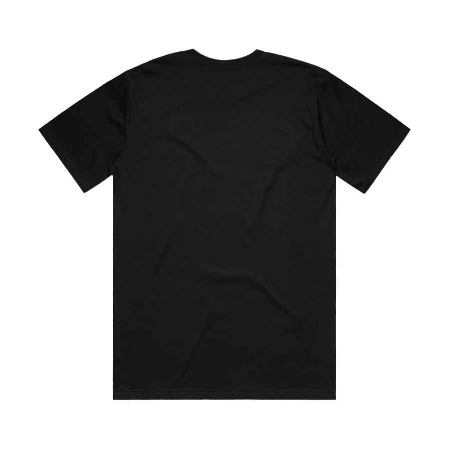 Black men's T-shirt by Maloney's Barber Shop featuring Otis Frizzell artwork and a red logo on the back.