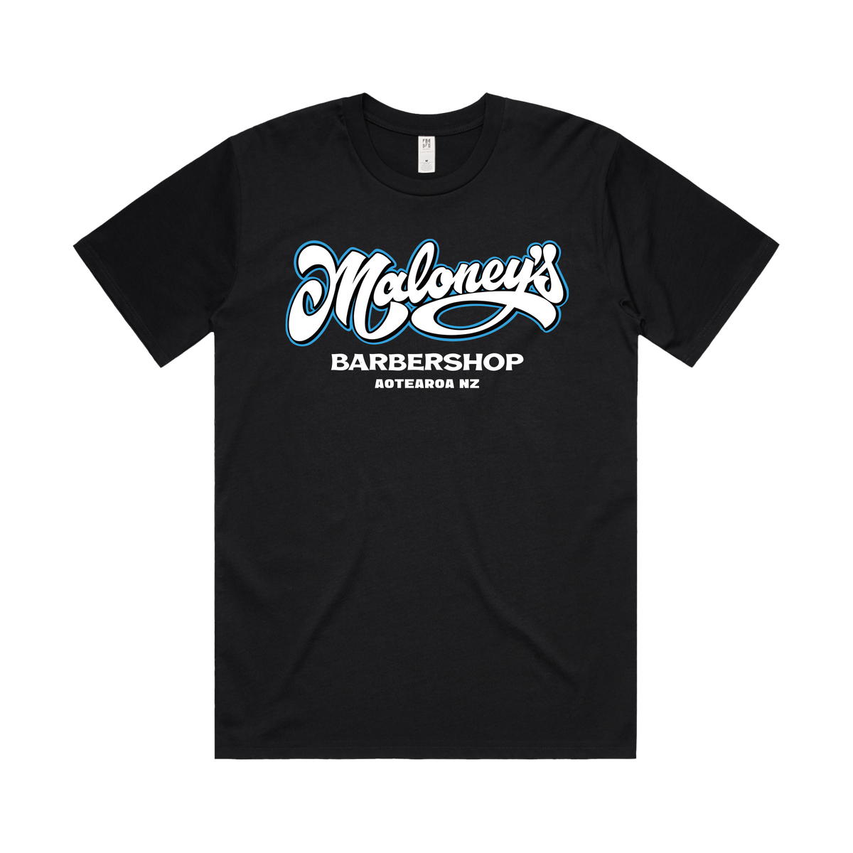 Men's black T-shirt by Maloney's Barber Shop featuring Otis Frizzell artwork and a blue logo on the front.
