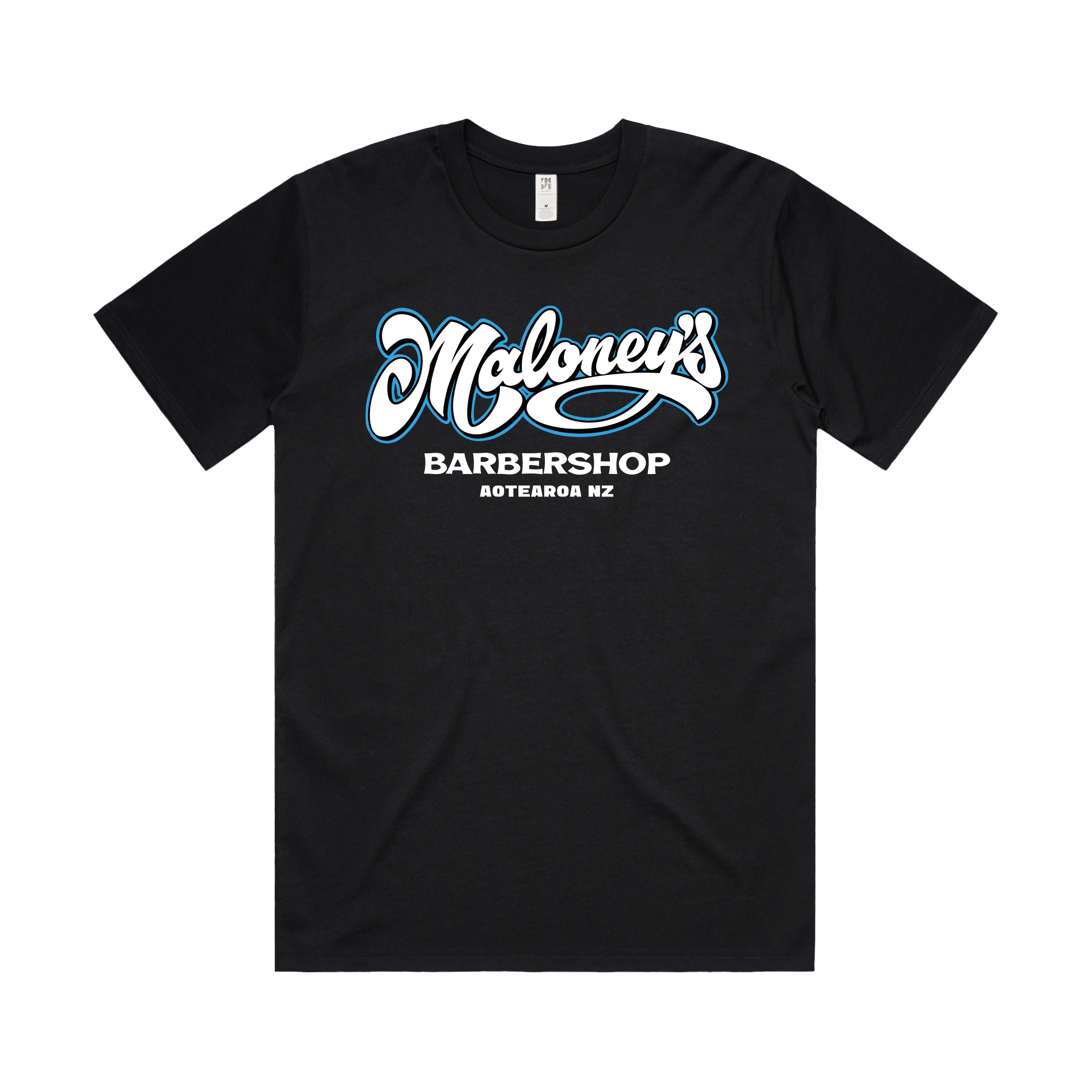 Maloney's Barber - Otis Frizzell - Camiseta negra para hombre - Logotipo azul