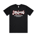 Men's black T-shirt by Maloney's Barber Shop featuring Otis Frizzell design with a red logo front view.