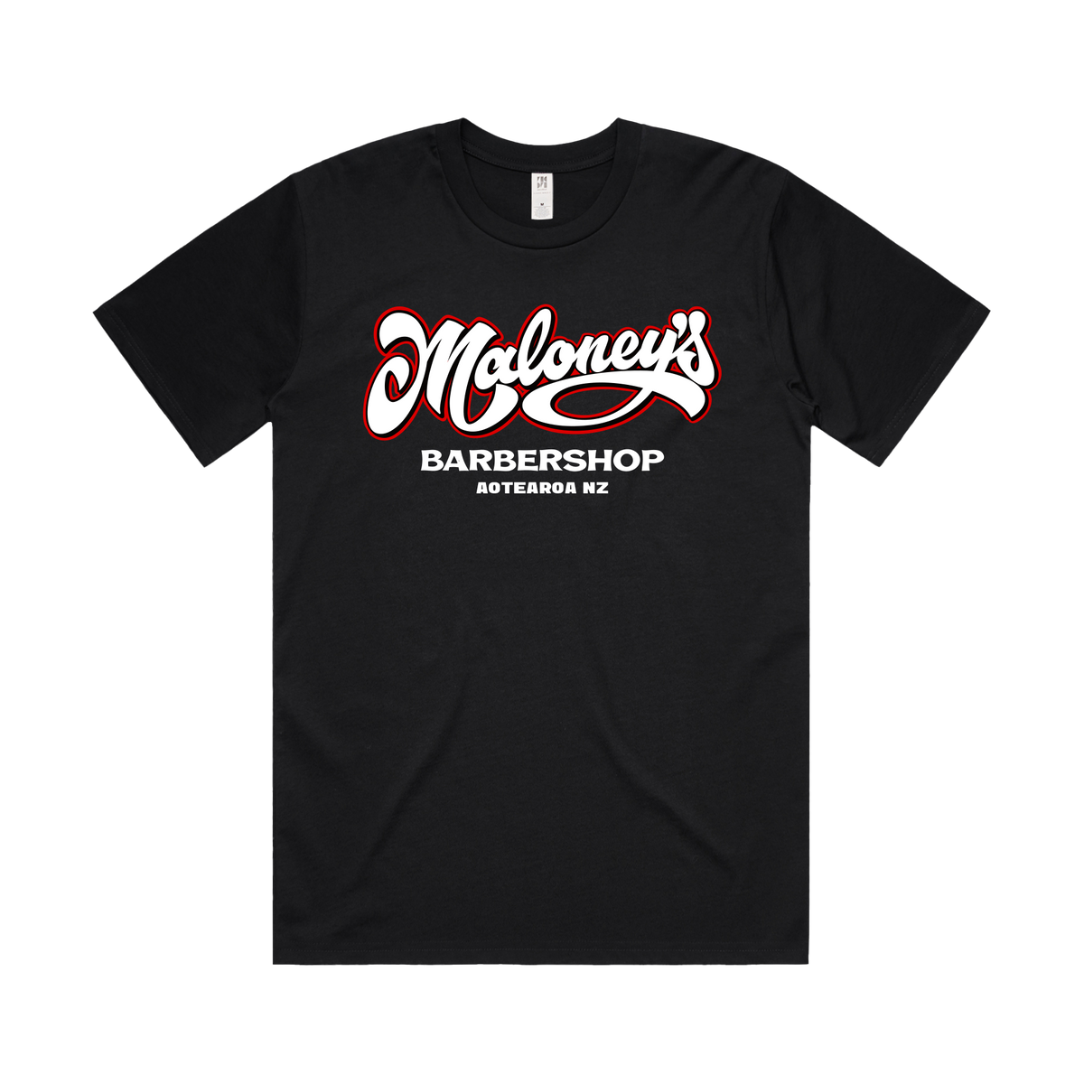 Men's black T-shirt by Maloney's Barber Shop featuring Otis Frizzell design with a red logo front view.