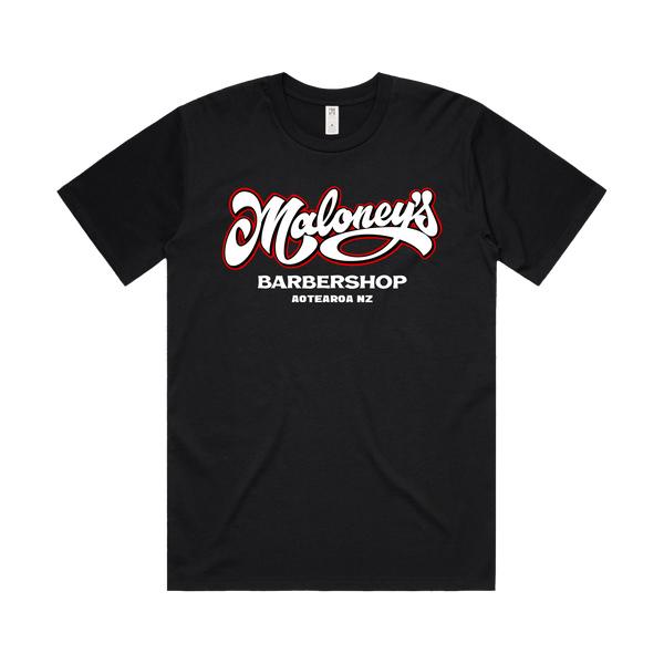 Maloney's Barber - Otis Frizzell - Men's Black Tee - Red Logo