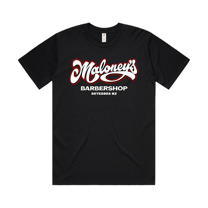 Men's black T-shirt by Maloney's Barber Shop featuring Otis Frizzell design with a red logo front view.