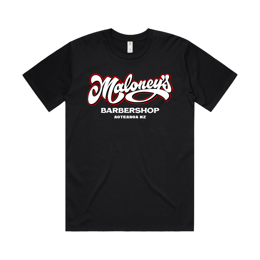 Men's black T-shirt by Maloney's Barber Shop featuring Otis Frizzell design with a red logo front view.