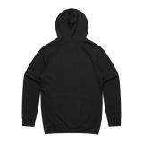 Men's black hoodie by Maloney’s Barber Shop featuring Otis Frizzell artwork and a blue logo on the back.