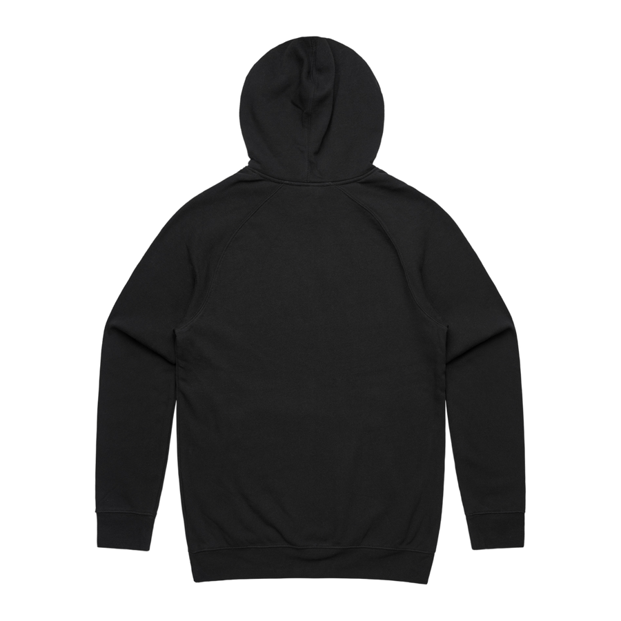 Men's black hoodie by Maloney’s Barber Shop featuring Otis Frizzell artwork and a blue logo on the back.