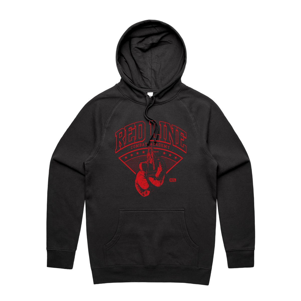 Black men's hoodie by Red Line Combat Academy with a red logo on the front, casual athletic style.