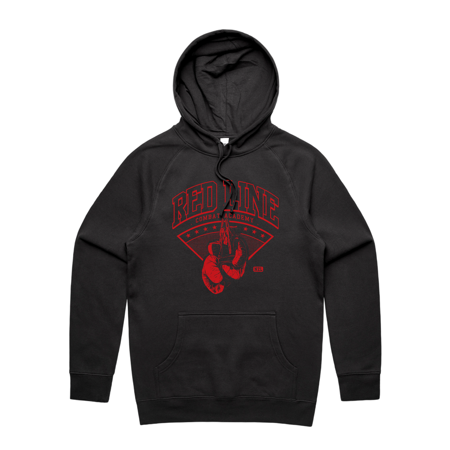 Black men's hoodie by Red Line Combat Academy with a red logo on the front, casual athletic style.