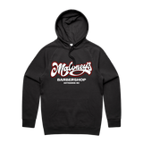 Maloney’s Barber Otis Frizzell men's black hoodie with red logo, front view showing hoodie and logo details.