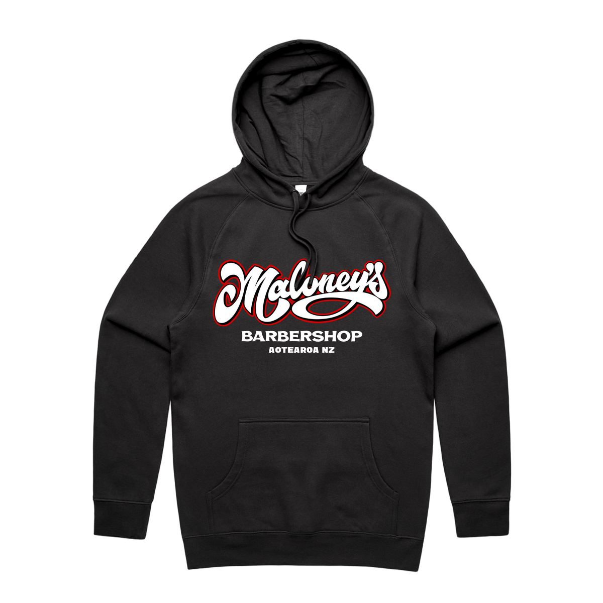 Maloney’s Barber Otis Frizzell men's black hoodie with red logo, front view showing hoodie and logo details.