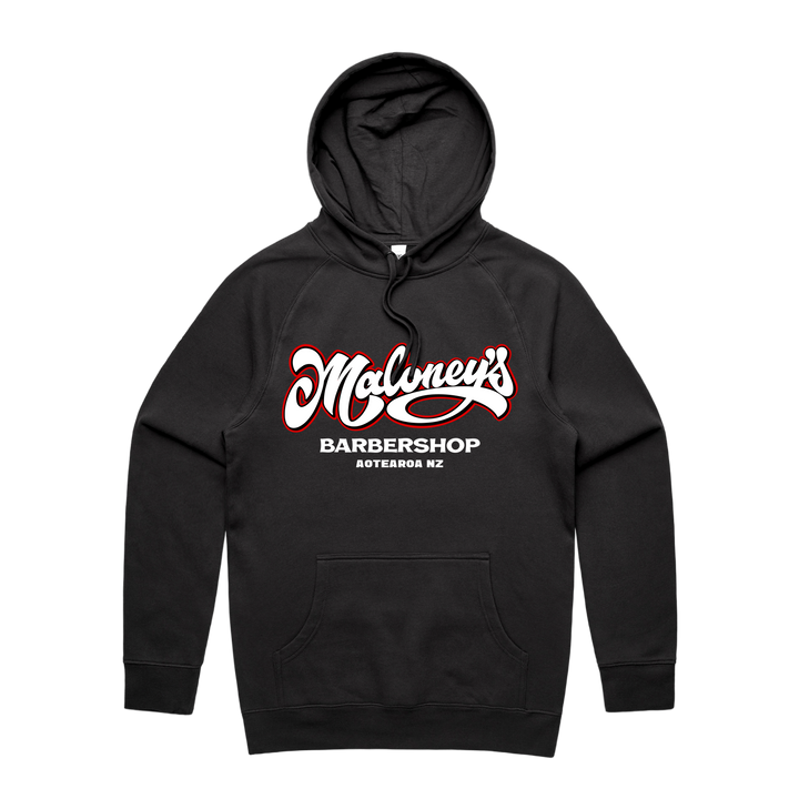 Maloney’s Barber Otis Frizzell men's black hoodie with red logo, front view showing hoodie and logo details.